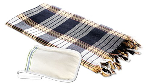 Carenesse Hamam Set, 1 Hamam Tuch Karo Schwarz und 1 Peeling Handschuh Fest
