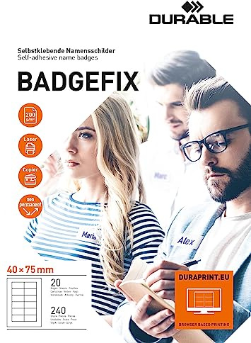 Durable Selbstklebe-Namensschild Badgefix, 40 x 75 mm, 240 St., weiß | Selbstklebende Namensetiketten aus Acetatseide auf DIN A4 Druckbögen für Laserdrucker