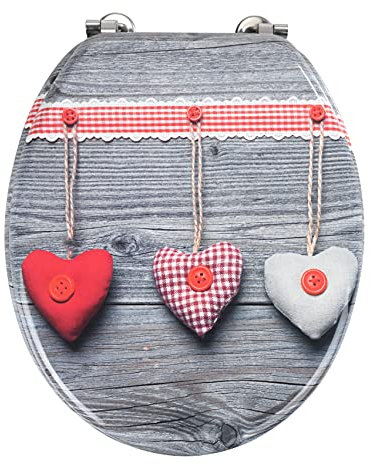 WENKO WC-Sitz Bavarian Hearts, Toilettensitz mit Herz-Design, WC-Deckel inkl. Wandpuffer und rostfreier Edelstahlbefestigung, Toilettenbrille aus MDF, 35,5 x 42,5 cm, FSC® zertifiziert, Mehrfarbig