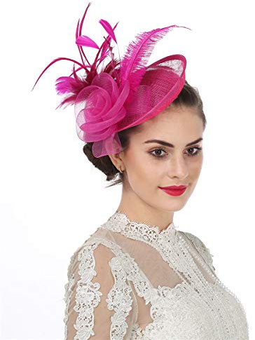 Haojing Sinamay Flower Feather Headband Fascinator Wedding Headwear Ladies Race Royal Ascot Pillbox Wedding Cocktail Tea Party Derby Hat for Women