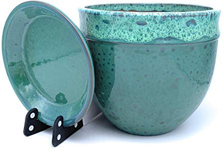Sun Cakes Pot de fleurs en céramique émaillée avec soucoupe, pour plantes succulentes et orchidées, Céramique, Vert, 20cm x 17cm