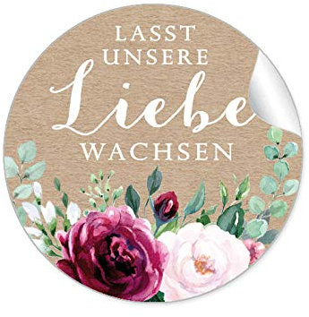 48 STICKER Hochzeit LASST UNSERE LIEBE WACHSEN • BOHO KRAFTPAPIER OPTIK BLÜTEN ROSEN GRÜN ROT ROSA BRAUN • Samentüten Blumentöpfe Reagenzgläser Gastgeschenk Deko Selbstgemachtes • 4cm rund matt