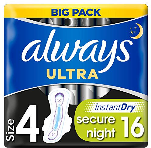 Always Ultra Binden Damen Gr. 4 (16 Damenbinden mit Flügeln) Big Pack, Secure Night, dünn und extra saugfähig, geruchsneutralisierend und Auslaufschutz