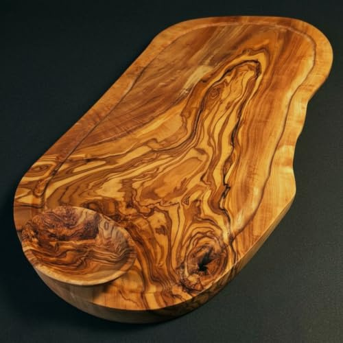 What the Art!® Olive Wood «Big Rustic» Gr. XL | Olivenholz Schneidebrett + Dip-Schälchen | Handarbeit | ca. 50-53 x 20-26 x 2 cm | Käsebrett - Hackbrett - Tranchierbrett - Servierbrett