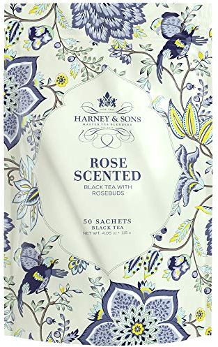 Harney & Sons Rose Scented Tea, 50 Count Bag of Sachets, Black Tea with Rose flavor and soft pink rosebuds.