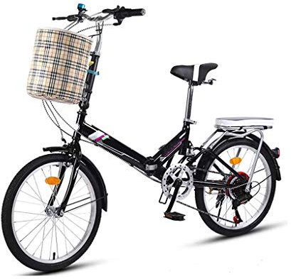 XBSXP 20-Zoll-7-Gang-City-Faltrad, kompaktes Mini-Damenrad, City-Pendler-Faltrad, Doppelbremse, Fahrradsitze für Komfort ， Mit Rückenrahmen und Klingel, Korb (Farbe: Schwarz)