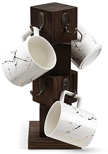 PUERSI Coffee Mug Holder for Counter, Rustic Solid Wood Mug Tree