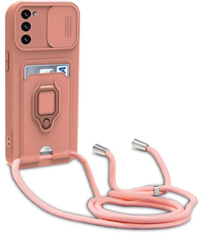 yanasuo Schiebe Kameraschutz Silikon Handykette Hülle kompatibel mit Samsung Galaxy S21 FE 5G, Metall Ring Halter Handy Cover,Verstellbarer Halskette Handyhülle-Pink