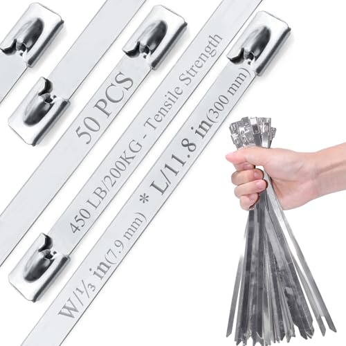 Edelstahl Kabelbinder 50 Stück, 300mm x 7,9mm (V2A), Extra Stark mit 200kg Zugfestigkeit, Metall-Kabelbinder für Auspuff, Industrie & schwere Lasten