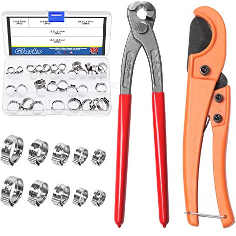 Glarks 42Pcs Ear Clamp Pliers Pincer Crimper Tool and Pipe Cutter with 7-18.5mm 5 Sizes Stainless Steel Single Ear Hose Clamps Kit for Automotive, Marine, Industrial Application
