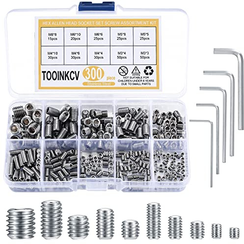 TOOINKCV 300 Pcs Stainless Steel Socket Head Screws Assortment Kit, Allen Head Socket Hex Head Screws, Metric M3 M4 M5 M6 M8 Grub Screws Set for Door Handles, Light Fixture