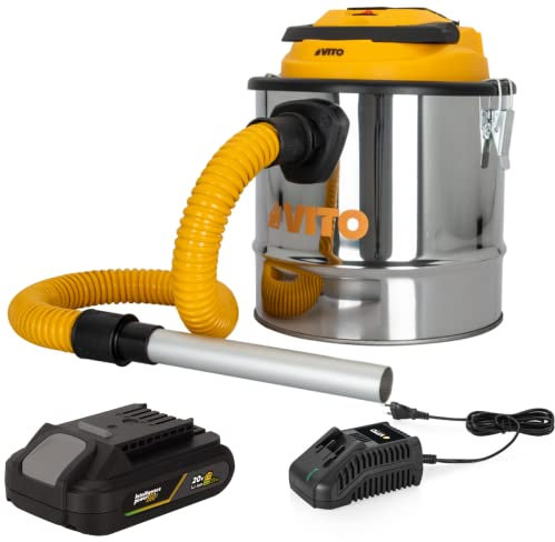Aspirateur de cendres 20V + Batterie lithium 2Ah Cuve inox 12L + Filtre HEPA + Chargeur VITO