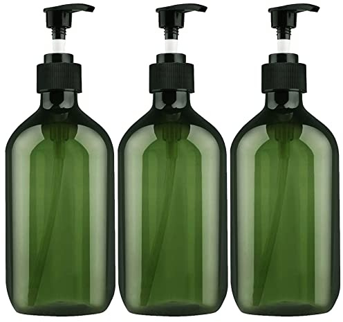 3 Pack Green Pump Bottle Dispenser, Empty Plastic Refillable Lotion Soap Shampoo Dispenser Containers with Pump, Show Soap Dispenser Bottles, BPA/Paraben Free, 500ml/16.9oz