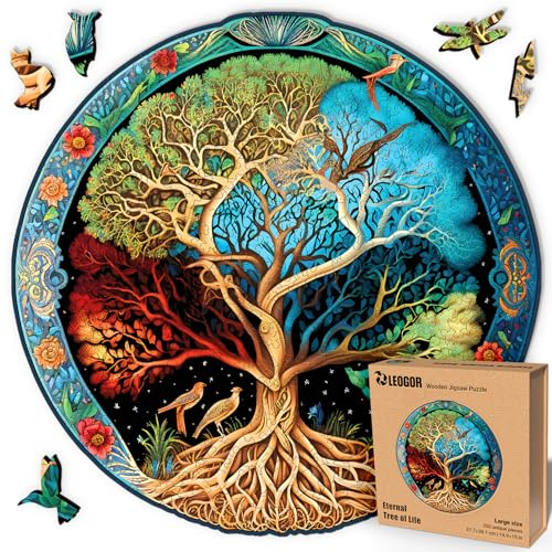 LEOGOR Baum des Lebens Holzpuzzle für Erwachsene, 350 Teile, 37,7 x 38,1 cm, 5 mm Naturholz, farbenreiches Rundmotiv, Geschenk für Puzzlefans, Sammlerdekor und bildschirmfreie Familienzeit