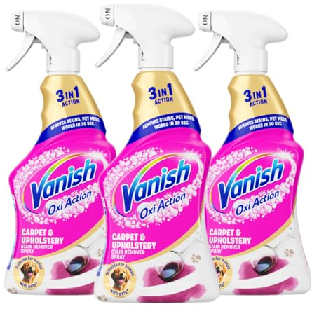 Vanish Professional Oxi Action Carpet & Upholstery Stain Remover Spray, 1L (Pack of 3), Removes Stains, Pet Mess, Works in 30 Seconds, Removes Strong Odours, Suitable for Homes with Pets, Bleach Free