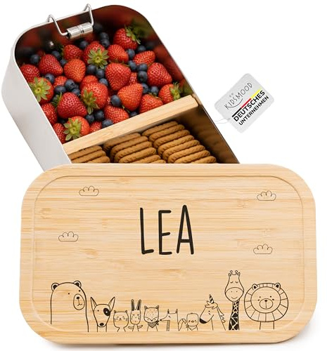Kidsmood - Brotdose personalisiert mit Namen – Edelstahl Lunchbox mit Fächern für Kindergarten, Schule & Büro mit fröhlichen Zoo Tieren – Geschenk zur Einschulung für Kinder & Jungen (1100ml)