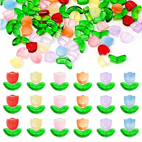 Honbay 120PCS Colorful Glass Loose Beads Tulip Flower and Leaf Beads for Bracelet Necklace Earring Jewelry Making and Beading Projects (6 Color)