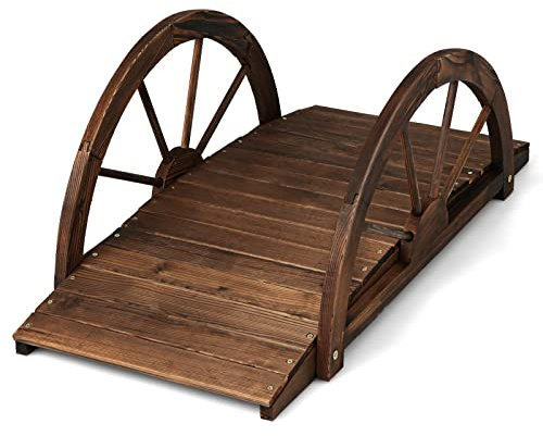 RELAX4LIFE Holzbrücke mit Halbradgeländer, Gartenbrücke Tannenholz, Teichbrücke bis 75 kg belastbar, Dekobrücke für Garten Teich Terrasse Hof, 101 x 48,5 x 38 cm, Dunkelbraun