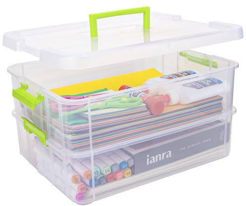 Creahaus 2-stöckige Kunststoff-Aufbewahrungsbox mit Deckel, stapelbare Aufbewahrungsbox für Bastelarbeiten für Kunsthandwerk, Nähen, Make-up, Nagelpflege-Zubehör (Grün)