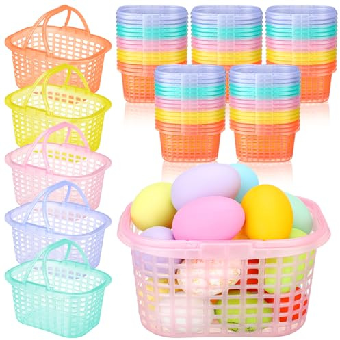 SiliFine 60 Pcs Plastic Easter Baskets Bulk Small Colorful Plastic Baskets with Handles Easter Gift Wrap Basket for Easter Party Egg Hunts Easter Eggs Party Favor