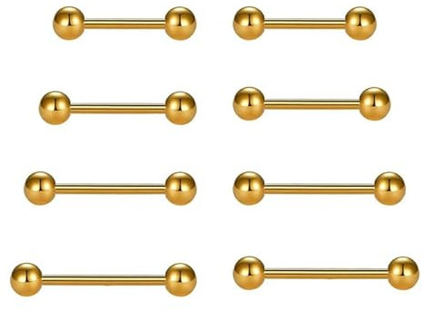 DMNQ 8 Stück Zungenpiercing Gold Nippelpiercing Gold Zungenpiercing Set,Brustwarzenpiercing Chirurgenstahl mit Außengewinde, Piercinghalter, für Zunge, Lippen, 12/14/16/18 mm