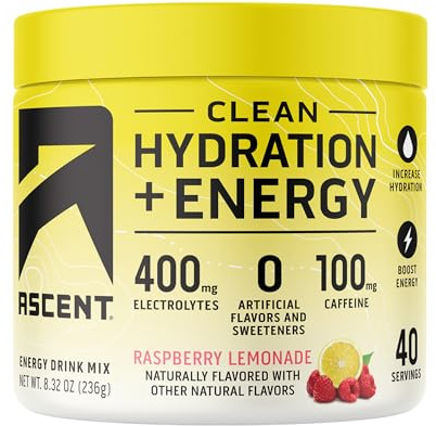 Ascent Clean Hydration + Energy Electrolytes Powder - 100mg Caffeine, 400mg Electrolytes, No Artificial Ingredients, Raspberry Lemonade 40 Servings