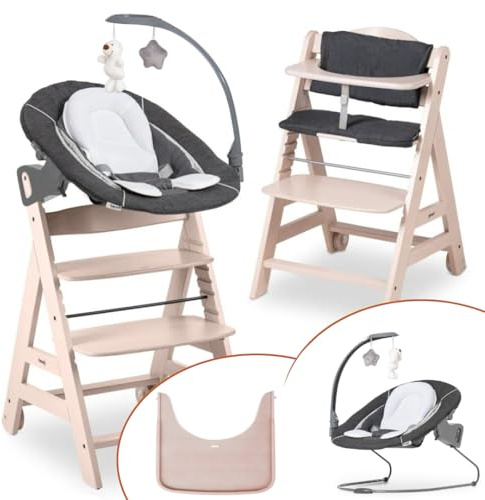 hauck Hochstuhl Beta+ Newborn Set Deluxe - Babyhochstuhl Set ab Geburt mit Neugeborenen Aufsatz Bouncer, Sitzpolster und Essbrett - Whitewashed