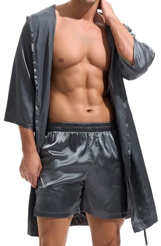 Amy Coulee Herren Sexy Satin Bademantel mit Shorts Set, mit Kapuze | Leicht, Dünn, Seidig, Silky, Morgenmantel, Bathrobe, Kimono, Sommer, Night, Sauna, Kapuze, Halbarm, Knielänge, Gürtel