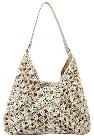 Skyearman Ladies Straw Shoulder Bag For Women Summer Beach Bag Large Fashion Shoulder Bag Straw Bag Hand-woven Handbags for Work Beach Trip Vacation (Beige)