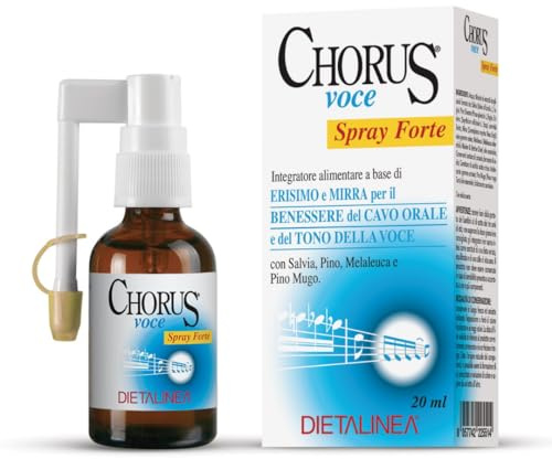 Dietalinea Chorus Voce Spray Gola Forte 20 ml | Spray gola antinfiammatorio forte per Voce e Mal di Gola | Con Erisimo, Mirra, Salvia, Pino, Miele | Per Cantanti, Insegnanti, Attori | Naturale
