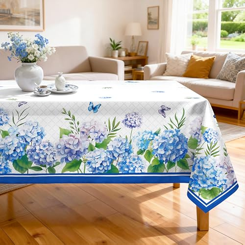 Arquiel Hydrangea Floral Tablecloth Waterproof, Blue Flower Butterfly Table Cloth Rectangle Stain Resistant, Washable Table Cover for Home Kitchen Dining Party Decoration (140x180cm)