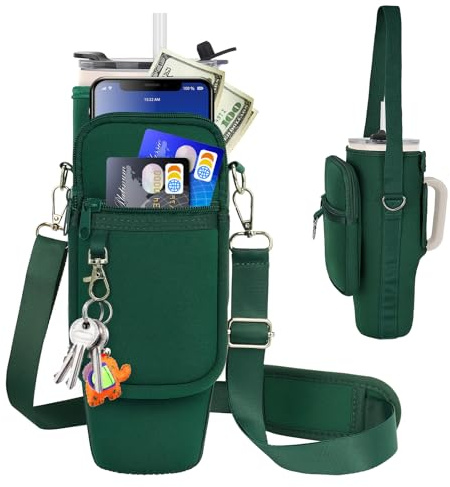 Bolsa de transporte para botella de agua con bolsillo para teléfono compatible con Stanley/Meoky vaso de 40 onzas con asa, bolsa para botella de agua con correa ajustable compatible con accesorios