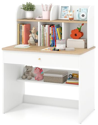 DREAMADE Schreibtisch Kinder aus Holz, Jugendschreibtisch mit Schublade & offener Ablagefächer & Regal, Schülerschreibtisch Kinderschreibtisch für Kinder ab 3 Jahren (Weiß+Natur)