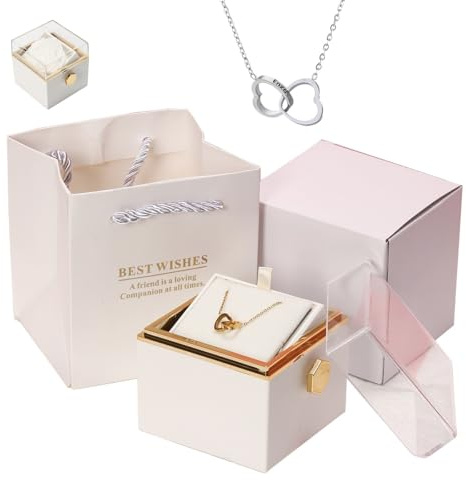 Caja De Rosa Eterna Con Collar Grabado Y Rosa Real, Caja De Regalo Giratoria De Rosa Eterna Con Collar De Corazón Personalizado For Su Mujer, Esposa, Novia En Cumpleaños, Aniversario(Silver,A)
