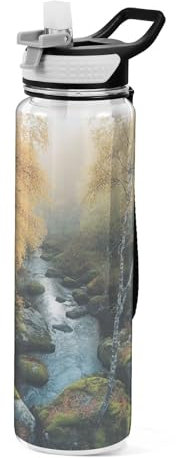 Ewusp Forest Stream Sports Water Bottle with Straw and Lids 32 oz/1000 ml Leakproof Reusbale Tritan Water Bottle BPA Free Travel Cup for Gym Fitness Outdoor Cycling School Office