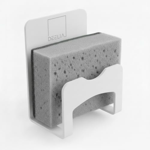 DEELIA® Schwammhalter Küche | Spezielles Klebepad für einen festen Halt ohne Bohren | Spülschwamm Halterung und Spülbecken Organizer (Weiß)