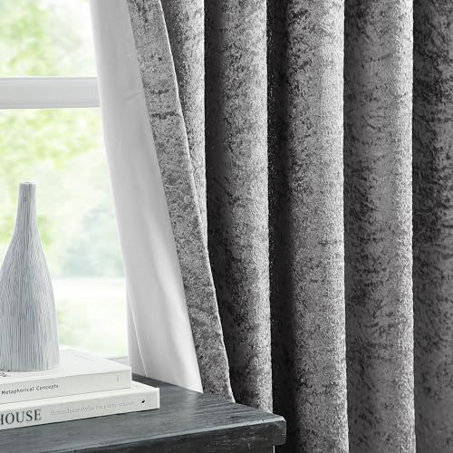 Bujasso Charcoal Full Blackout Velvet Curtains 54 inch 2 Panels Eyelet Thermal Insulated Blackout Lining Drapes for Living Room Bedroom Crushed Velvet Room Darkening Curtains Grommet Top W66xL54
