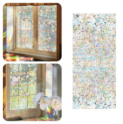 Stained Glass Window Film - Non-Adhesive Static Cling Rainbow Daisy Glass Window Stickers, Multicolor Home Decoration