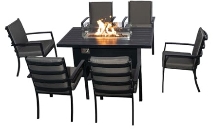 4-teiliges Terrassenmöbel Set mit Feuerstelle, Aluminium Garten Esstisch & Gepolsterte Stühle, Outdoor Möbel für Hof & Balkon - 6 Bequeme Sessel