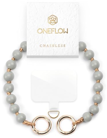 ONEFLOW Holzperlen Handyanhänger fürs Handgelenk, Universal Handykette kurz Handschlaufe, Handyband Abnehmbar für Handy Hüllen, Anhänger Holz Kette mit Perlen, Chainless Terra Chain, Grau