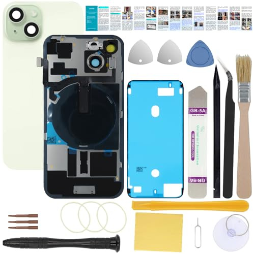 UooFide Back Screen Cover Glass Replacement Compatible with iPhone 15 6.1-Inches All Carriers +Pre-Installed Plate +Wireless Charging Coil Flex Cable +Flashlight +Microphone +Camera Frame (Green)