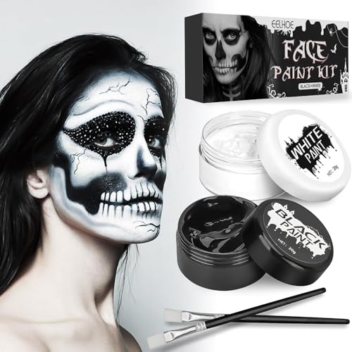 40g Noir Blanc Visage Peinture Corps, Peinture Visage Blanc Noir Maquillage Halloween pour Visage avec 2 Pinceaux, Pour Cosplay, Halloween, Scène, Clown