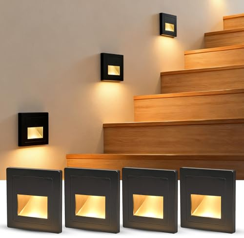 BRIMETI Treppenlicht LED Treppenbeleuchtung Warmweiß 3000K 230V 3W 300LM Treppenstufenbeleuchtung Wandeinbauleuchte Stufenlicht Lampe 85x87MM für Innen Flur Treppe (Schwarz, 4er Set)