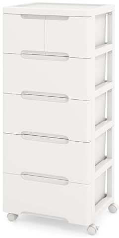 GOPLUS Carro de Almacenamiento de Plástico con Cajones, Mueble Organizador Móvil con 4 Ruedas Universales, Contenedor de Almacenamiento Vertical para Dormitorio, Oficina (Blanco,6 Cajones)