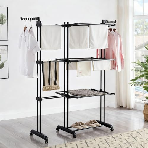 Supfine Séchoir à Linge Tour Peu Encombrant avec 6 Ailes Pliables sur 3 Niveaux, Étendoir à Linge Extensible Longueur 75-142.5 cm, Étendoir Linge Intérieur sur 3 Niveau (Noir, 75-142.5x64x170cm)