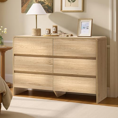 AMERLIFE 6 Drawer Dresser for Bedroom, 49 Wide Modern Storage Cabinet with Rounded Edges & Anti-Tip Kit, Wood Chest of Drawers for Closet, Hallway or Nursery, Easy Assembly, Light Oak Finish