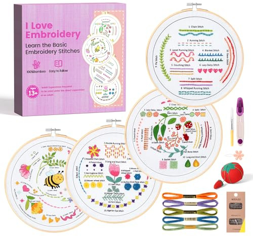 MAKEASY Set da Ricamo, Kit di Base per Ricamo, Include 33 Punti, Telaio per Ricamo in Bambù e Tutorial Video, Strumenti per Punto Croce per Adulti Principianti