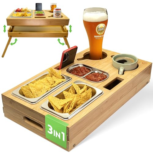 naturlik Vassoio da Divano 3 in 1 con Gambe Pieghevoli in Bambù – Portasnack XL 46x27,5cm, Tavolino da Letto Porta Laptop – 3 Ciotole Acciaio Inossidabile, Portabicchieri – Soggiorno, Camera da Letto