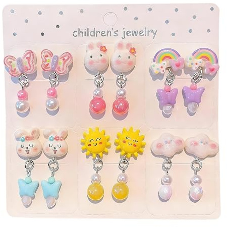 BLPRKOT 6 Stück Ohrclips Kinder, Klipp Clip Ohrringe Kinder mädchen Sonne Kaninchen Regenbogen, Bunte Ohrclips Ohne Ohrlöcher, Mädchen Clip Ohrringe für Alltag, bei Geburtstagsfeiern