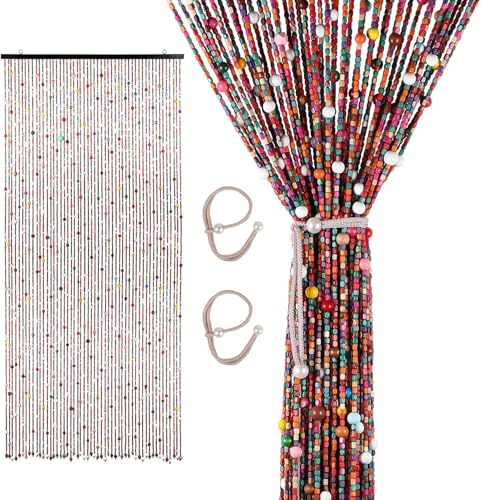 VeftBltrem 200x90cm Perlenvorhang Türvorhang Bambus mit 2 Leinenbändern, Handarbeit Natur Türvorhang Fadenvorhang als Insektenschutz Fliegenschutz für Schlafzimmer Wohnwagen Camping